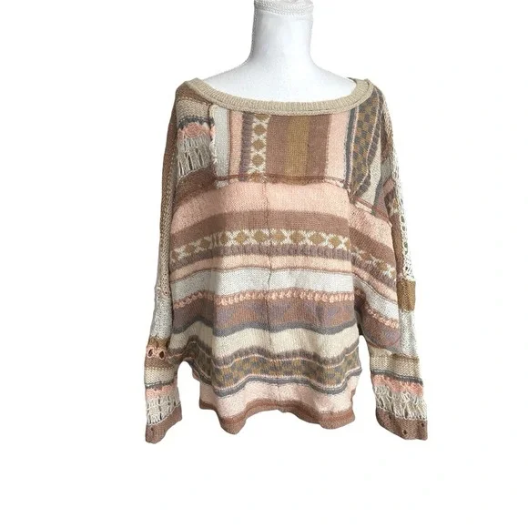 Free People December Skies Alpaca Wool Poncho Sweater Patchwork Boho Sz M Aztec - Picture 4 of 16